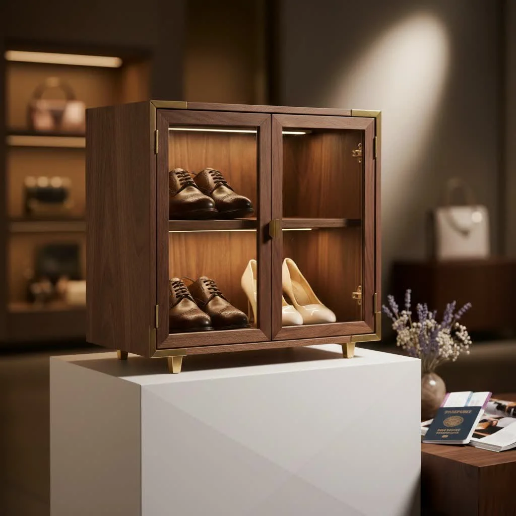 Elegant wooden sliding door shoe cabinet in a modern entryway
