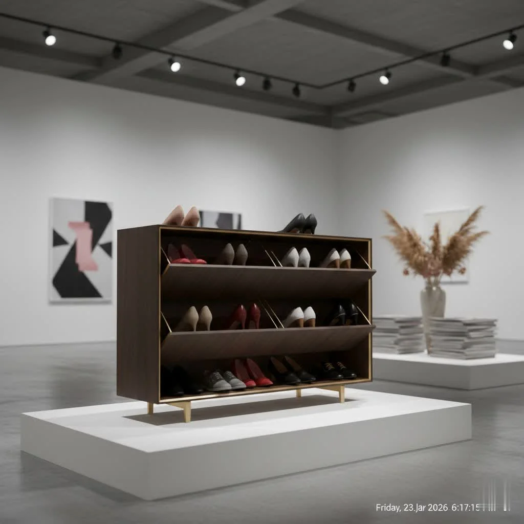 Elegant walnut shoe cabinet in a modern entryway